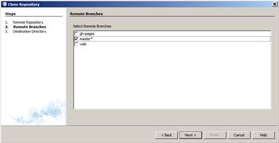 Remote Branches page of the Clone Repository wizard